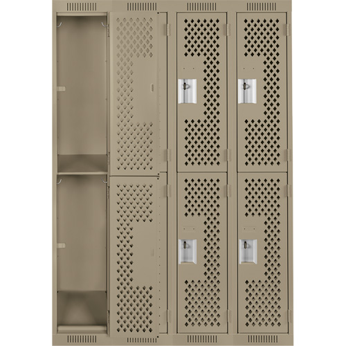 Clean Line Lockers, 2 -tier, Bank of 4, 48" x 15" x 72", Steel, Beige, Rivet (Assembled), Perforated Pryde Industrial Inc.