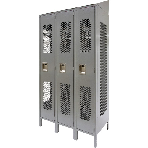 Vented Lockers, Bank of 3, 36" x 18" x 88", Steel, Grey, Knocked Down, Perforated Pryde Industrial Inc.