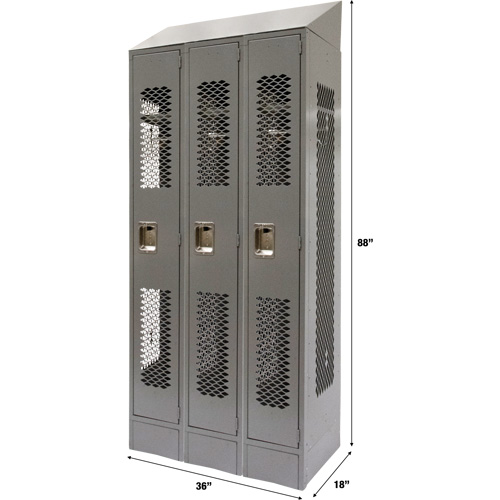 Vented Lockers, Bank of 3, 36 x 18" x 88", Steel, Grey, Knocked Down, Perforated Pryde Industrial Inc.