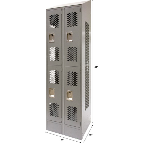 Vented Lockers, 2 -tier, Bank of 2, 24" x 18" x 88", Steel, Grey, Knocked Down, Perforated Pryde Industrial Inc.