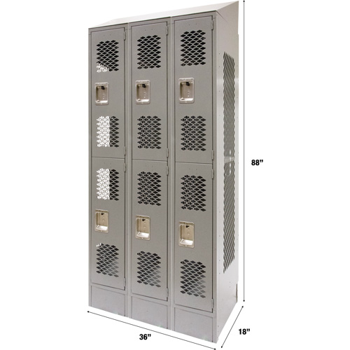 Vented Lockers, 2 -tier, Bank of 3, 36" x 18" x 88", Steel, Grey, Knocked Down, Perforated Pryde Industrial Inc.