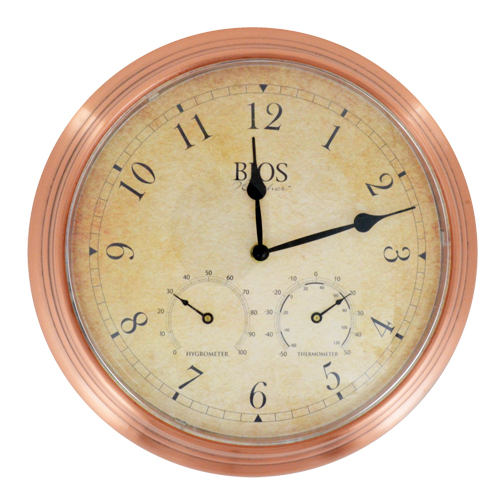 3-in-1 Outdoor Clock, Analog, Battery Operated, 14" Dia., Brown Pryde Industrial Inc.