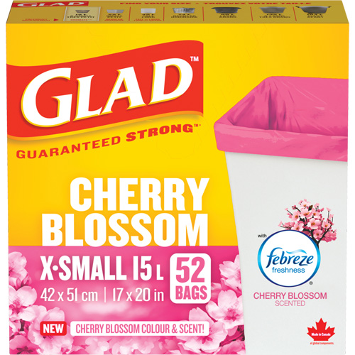 Glad&reg; Cherry Blossom Coloured & Scented Bags, Strong, 17" W x 20" L, Pink, 15 L (3.96 Gal.) Capacity Pryde Industrial Inc.