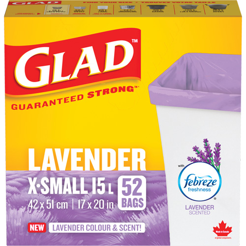 Glad&reg; Lavender Coloured & Scented Bags, Strong, 17" W x 20" L, Purple, 15 L (3.96 Gal.) Capacity Pryde Industrial Inc.