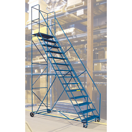 Escabeau roulant certifi&eacute; par la CSA avec pied verrouillable, 14 marches, Largeur de la marche 30", Hauteur de la plateforme 128", Acier Pryde Industrial Inc.