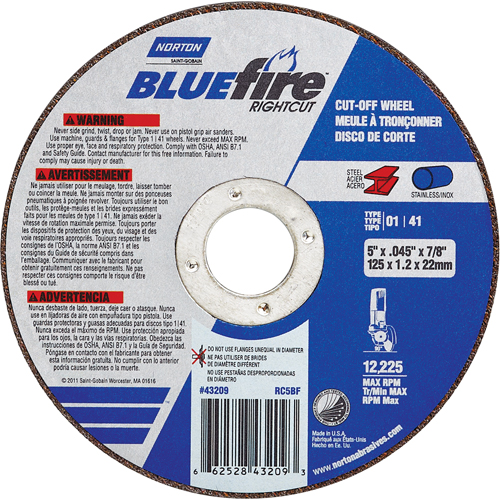 Meule a tronconner BlueFire, 4-1/2" x 0,045"/1/16", Arbre de 7/8", Type 01/41, Oxyde d'aluminium/Zirconium, 13580 Tr/min Pryde Industrial Inc.