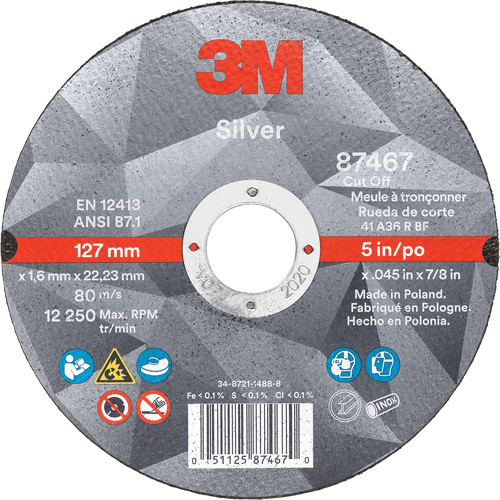 Silver Cut-Off Wheel, 5" x 0.045", 7/8" Arbor, Type 1, Ceramic, 12250 RPM Pryde Industrial Inc.