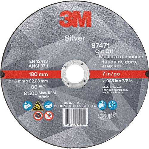 Silver Cut-Off Wheel, 7" x 0.045", 7/8" Arbor, Type 1, Ceramic, 8500 RPM Pryde Industrial Inc.