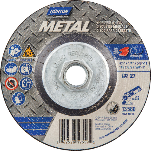 Metal Grinding Wheel, 4-1/2" x 1/4", 5/8"-11 Arbor, Aluminum Oxide, Type 27 Pryde Industrial Inc.