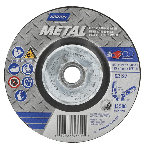 Metal Grinding & Cutting Wheel, 4-1/2" x 1/8", 5/8"-11 Arbor, Type 27, Aluminum Oxide Pryde Industrial Inc.