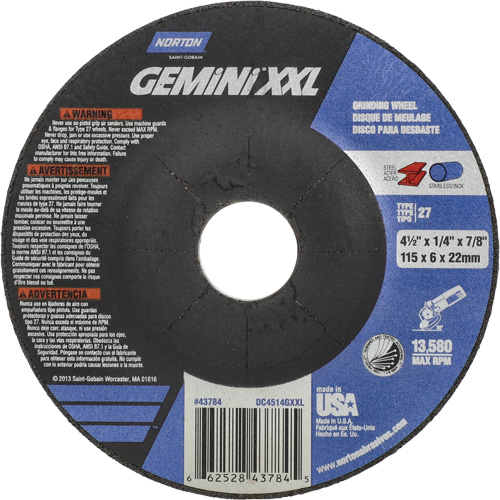 Meule XXL Gemini, 4-1/2" x 1/4", Arbre 7/8", Oxyde d'aluminium, Type 27 Pryde Industrial Inc.
