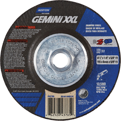 Gemini XXL Grinding Wheel, 4-1/2" x 1/4", 5/8"-11 Arbor, Aluminum Oxide, Type 27 Pryde Industrial Inc.