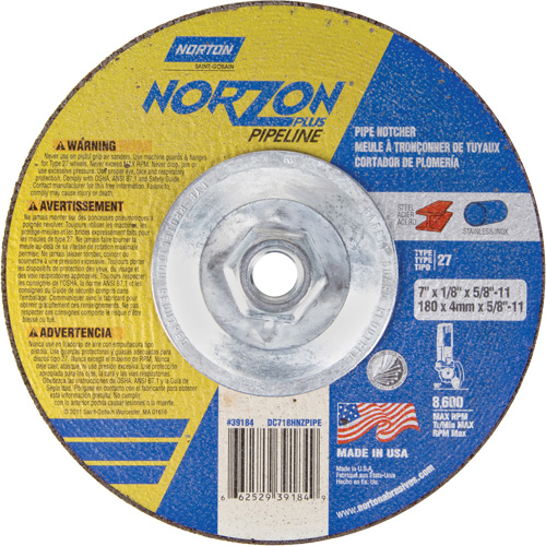 Meule &agrave; tronçonner &agrave; angle droit NorZon Plus SGZ, 7" x 1/8", Arbre de 5/8"-11, Type 27/42, C&eacute;ramique d'alumine, 8600 Tr/min Pryde Industrial Inc.