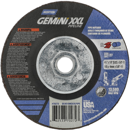 Gemini XXL Grinding & Cutting Wheel, 4-1/2" x 1/8", 5/8"-11 Arbor, Type 27, Aluminum Oxide Pryde Industrial Inc.