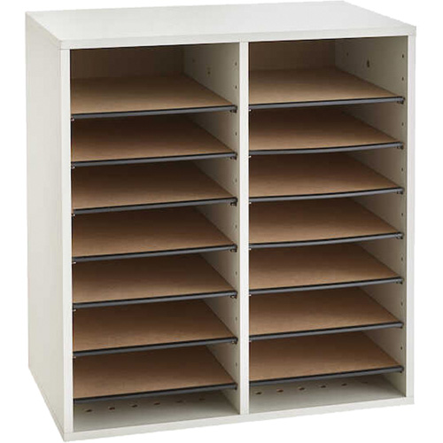 Adjustable Compartment Literature Organizer, Stationary, 16 Slots, Wood, 19-1/2" W x 11-3/4" D x 21" H Pryde Industrial Inc.