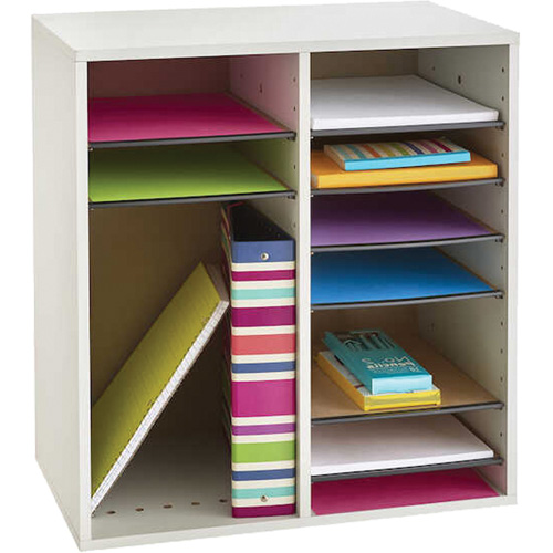 Adjustable Compartment Literature Organizer, Stationary, 16 Slots, Wood, 19-1/2" W x 11-3/4" D x 21" H Pryde Industrial Inc.