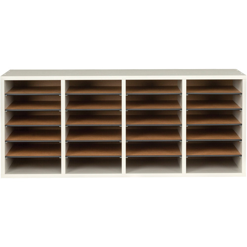Adjustable Compartment Literature Organizer, Stationary, 24 Slots, Wood, 39-1/4" W x 11-3/4" D x 16-1/4" H Pryde Industrial Inc.