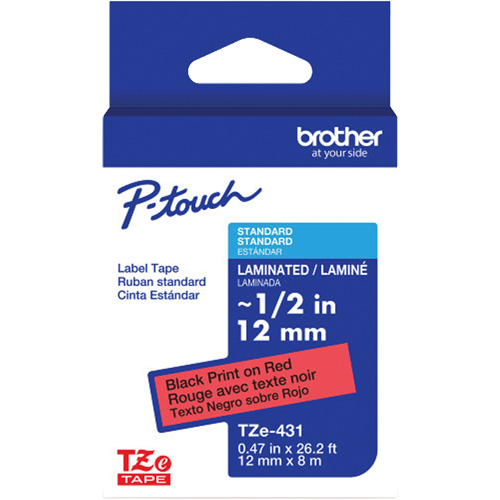 Ruban lamin&eacute; TZe-431 pour &eacute;tiqueteuses P-Touch compatibles avec les rubans TZe, 12 mm x 8 m, Noir/rouge Pryde Industrial Inc.