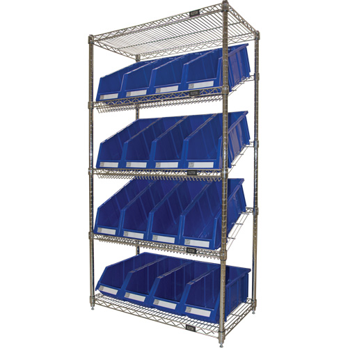 Slanted Wire Shelf with Bins, 5 Tiers, 36" W x 63" H x 18" D Pryde Industrial Inc.
