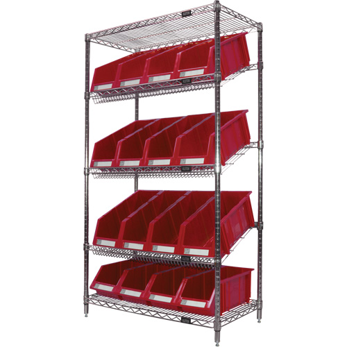 Slanted Wire Shelf with Bins, 5 Tiers, 36" W x 63" H x 18" D Pryde Industrial Inc.