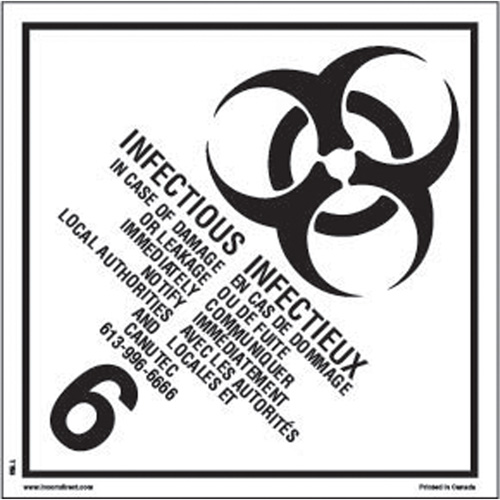 &eacute;tiquettes d'exp&eacute;dition TMD, Classe 6,2, Substances infectieuses, Vinyle Pryde Industrial Inc.