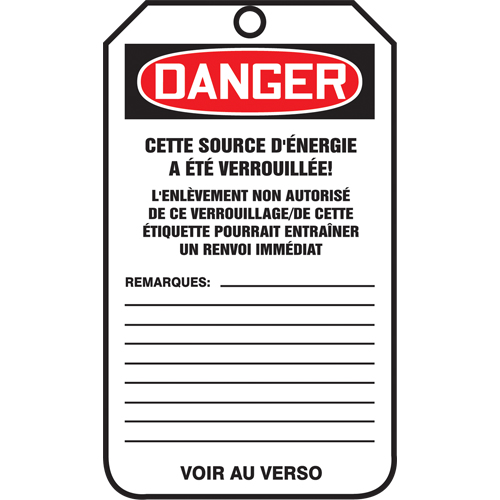 &eacute;tiquettes de verrouillage, Papier cartonn&eacute;, 3-1/8" la x 5-7/8" h, Français Pryde Industrial Inc.