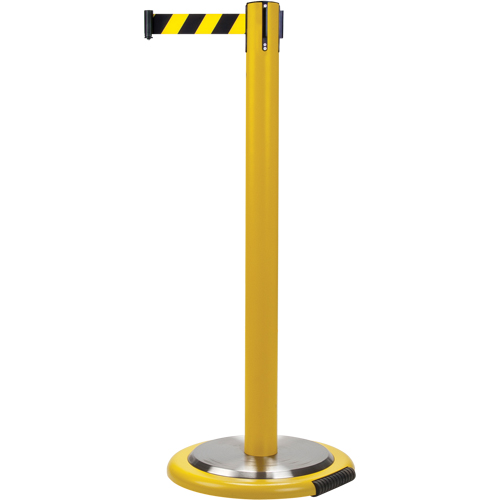 Free-Standing Crowd Control Barrier, Steel, 35" H, Black/Yellow Tape, 7' Tape Length Pryde Industrial Inc.