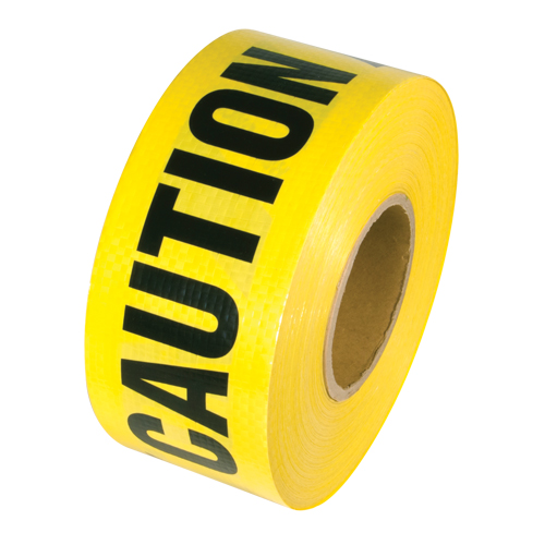 Reinforced Grade Barricade Tape, English, 3" W x 500' L, 5 mils, Black on Yellow Pryde Industrial Inc.
