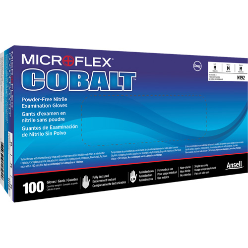 Gants d'examen d'usage multiple Microflex Cobalt N19, T-petit, Nitrile, 3,9 mils, Sans poudre, Bleu, Classe 2 Pryde Industrial Inc.