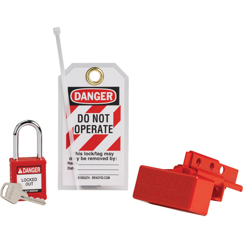 Dispositif de cadenassage pour connecteurs dalimentation de chariot &eacute;l&eacute;vateur BatteryBlock avec cadenas de s&eacute;curit&eacute; en nylon, Ensemble &eacute;lectrique, 3 composants compris Pryde Industrial Inc.