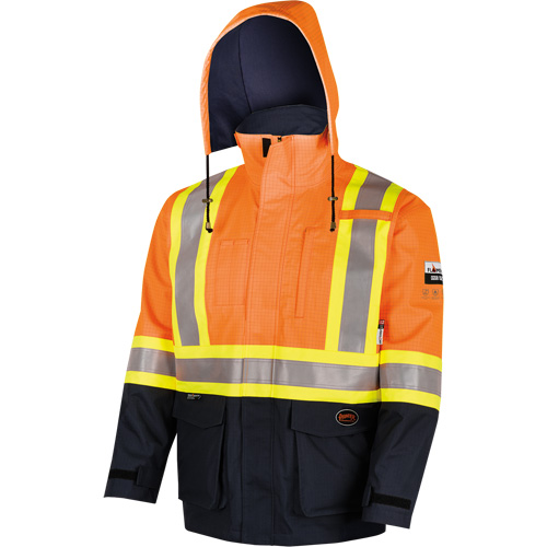 4484 Manteau de s&eacute;curit&eacute; Defender antistatique/ignifuge/anti-arc &eacute;lectrique en trilamin&eacute;, Petit, Noir/Orange haute visibilit&eacute;, 11 cal/cm² Pryde Industrial Inc.