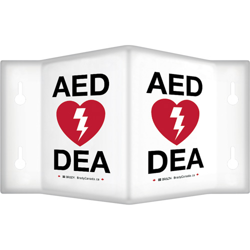 90° Projecting "AED/DEA" Sign, 6" x 5", Plastic, Bilingual with Pictogram Pryde Industrial Inc.