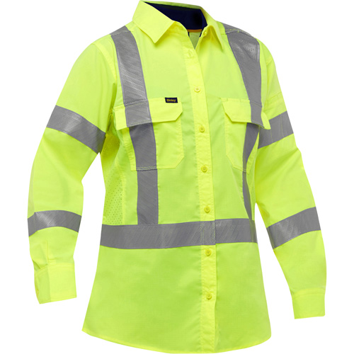 Bisley&reg; X-Back Women's Long Sleeve Work Shirt with X-Airflow, Poly-Cotton, Small, High Visibility Lime-Yellow Pryde Industrial Inc.