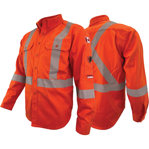 Chandail de travail &agrave; manches longues ignifuge et r&eacute;sistant &agrave; l'arc &eacute;lectrique avec bandes de 2" Atlas Guardian, T-petit, Orange haute visibilit&eacute; Pryde Industrial Inc.