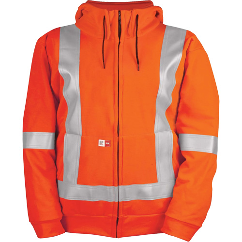 Chandail haute visibilit&eacute; &agrave; fermeture &eacute;clair sur le devant, r&eacute;sistant au vent, avec capuchon amovible, Hommes, 5T-Grand, Orange haute visibilit&eacute;, 27,7 cal/cm² Pryde Industrial Inc.