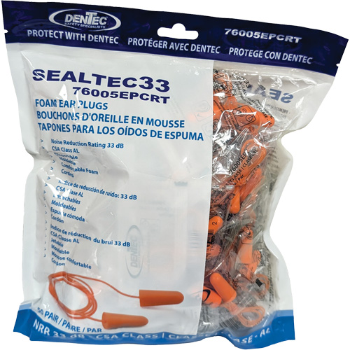 Bouchons d'oreilles coniques jetables en mousse de PU orange SEALTEC33, Vrac - Sac en poly, Avec cordon Pryde Industrial Inc.