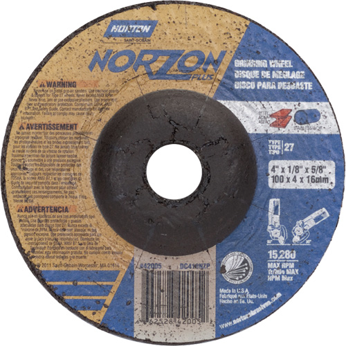 NorZon Plus SGZ Grinding Wheel, 4" x 1/8", 5/8" Arbor, Ceramic Alumina, Type 27 Pryde Industrial Inc.