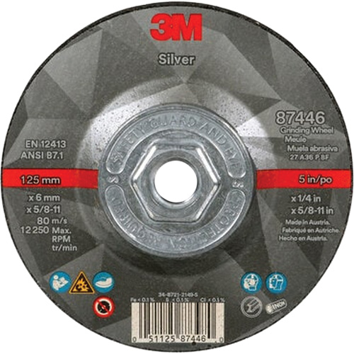 Quick Change Silver Depressed Centre Grinding Wheel 87446, 5" x 1/4", 5/8"-11 Arbor, Type 27, Ceramic Pryde Industrial Inc.