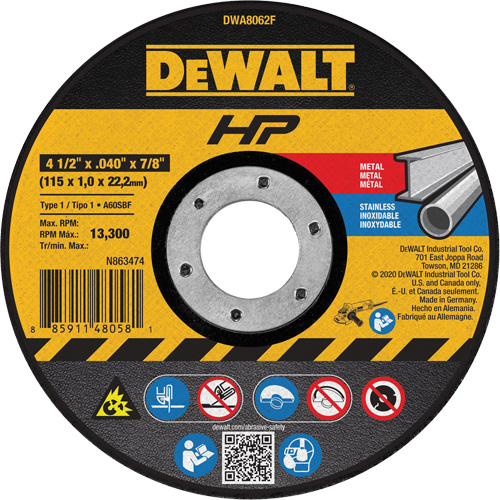 HP Metal Cut-Off Wheel, 4-1/2" x 0.04", 7/8" Arbor, Type 1, Aluminum Oxide, 13300 RPM Pryde Industrial Inc.
