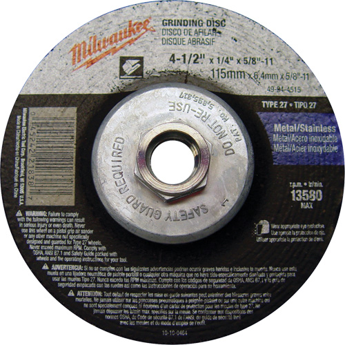 Meule, 4-1/2" x 1/4", Arbre 5/8"-11, Oxyde d'aluminium, Type 27 Pryde Industrial Inc.