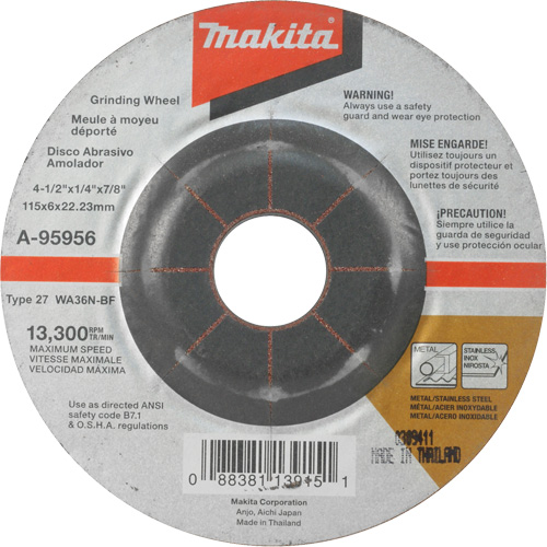INOX Grinding Wheel, 4-1/2" x 1/4", 7/8" Arbor, Aluminum Oxide, Type 27 Pryde Industrial Inc.