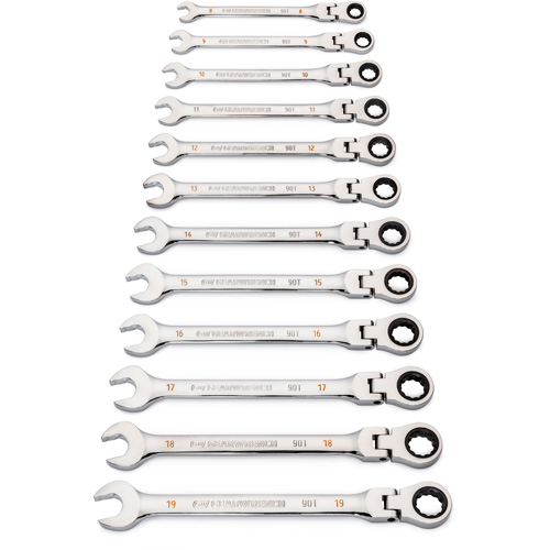 Jeu de cl&eacute;s &agrave; 12 pans et 90 dents, T&ecirc;te articul&eacute;e/Combinaison &agrave; cliquet, 12 morceaux, M&eacute;trique Pryde Industrial Inc.