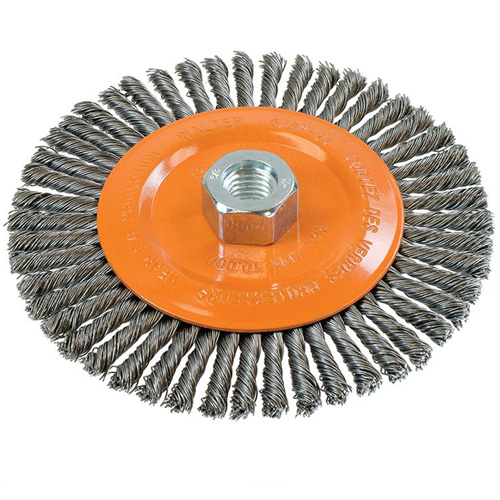 Brosse &agrave; fils nou&eacute;s pour cordons de soudure, Dia. 6", Fils 0,02", Arbre 5/8"-11, Acier Pryde Industrial Inc.