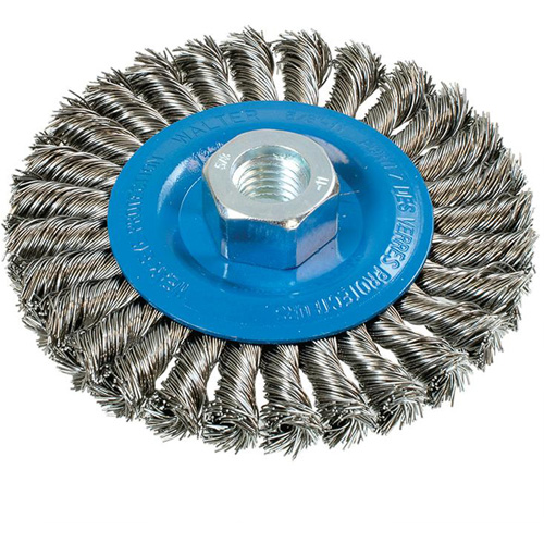 Brosse rotative &agrave; fils nou&eacute;s large, Dia. 4-1/2", Fils 0,02", Arbre 5/8"-11, Aluminium/Acier inoxydable Pryde Industrial Inc.