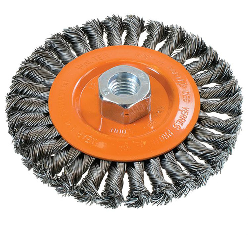 Wide Knotted Wire Wheel Brush, 5" Dia., 0.02" Fill, 5/8"-11 Arbor, Steel Pryde Industrial Inc.