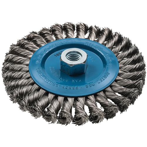 Brosse rotative &agrave; fils nou&eacute;s large, Dia. 6", Fils 0,02", Arbre 5/8"-11, Aluminium/Acier inoxydable Pryde Industrial Inc.