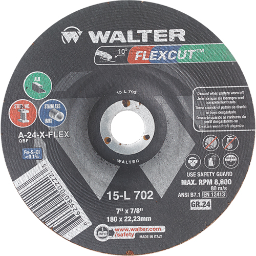 Meules &agrave; moyeu d&eacute;port&eacute; Flexcut, 7", 24 Grain, Oxyde d'aluminium, 7/8", 8600 Tr/min, Type 29 Pryde Industrial Inc.