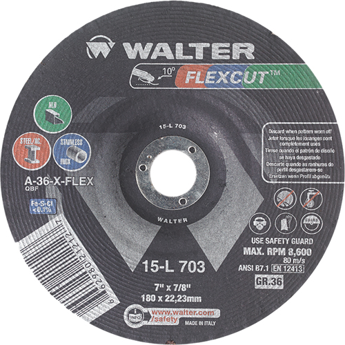 Meules &agrave; moyeu d&eacute;port&eacute; Flexcut, 7", 36 Grain, Oxyde d'aluminium, 7/8", 8600 Tr/min, Type 29 Pryde Industrial Inc.