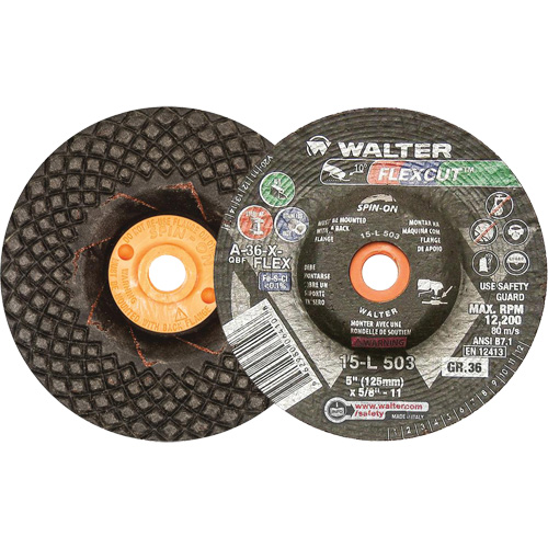 Meules &agrave; moyeu d&eacute;port&eacute; Flexcut, 5", 36 Grain, Oxyde d'aluminium, 5/8"-11, 12 200 Tr/min, Type 29 Pryde Industrial Inc.