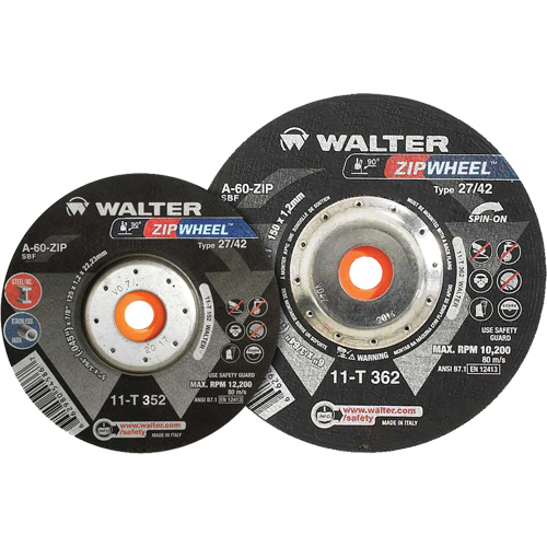 Spin-On Zipcut Right Angle Grinder Reinforced Cut-Off Wheels, 5" x 7/8", 5/8"-11 Arbor, Type 27, Aluminum Oxide, 12200 RPM Pryde Industrial Inc.